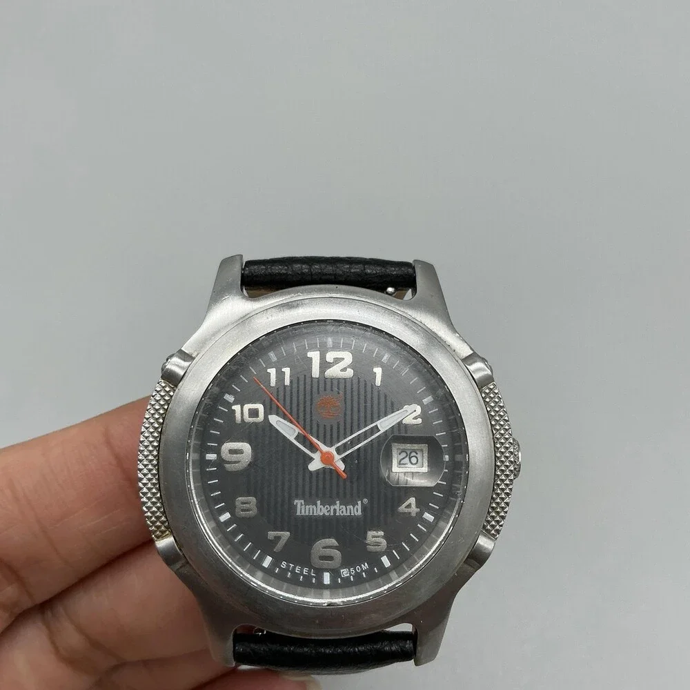 Timberland Mens Watch 40mm Black Dial Leather Date Indiglo 50M WR New Battery